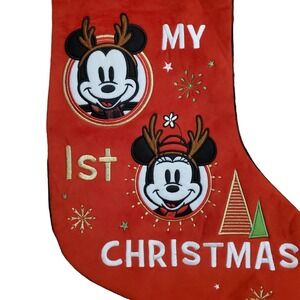 Disney Store Embroidered Mickey & Minnie Mouse My 1st‎ Christmas Stocking NWOT